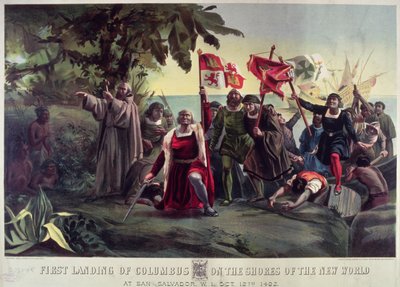 De eerste landing van Columbus op de kusten van de Nieuwe Wereld bij San Salvador, 12 oktober 1492, uitgegeven door Currier en Ives door Dioscoro Teofilo Puebla Tolin